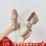 ZHR单鞋女英伦风舒适方头乐福鞋女两穿粗跟透气皮鞋女 K196 杏色 37