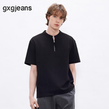 gxgjeans男装半拉链宽松华夫格休闲短袖t恤男26夏新品 黑色 3XL (190)