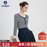 Navigare意大利小帆船圆领T恤衫女25春季新款时尚条纹体恤衫百搭通勤上衣 蓝白条纹 XL