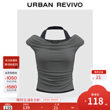 UR七夕2025秋季新款女装简约气质一字领挂脖褶皱短袖T恤UWJ450133 深灰花灰 L