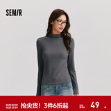 森马（Semir）长袖t恤女短款半高领薄绒轻暖打底衫2024冬新款纯色修身抓绒内搭 灰色调00322 S