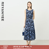 颜域蓝色碎花背心连衣裙女2025新款早秋收腰显瘦女士法式复古长裙 蓝花 L