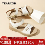 意尔康皮鞋女软底坡跟平底鞋中年妈妈魔术贴皮凉鞋 11001W 米白 38