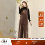 两三事幻兽出没 2025春季新款趣味印花雪尼尔直筒背带裤女 咖色 L