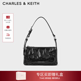CHARLES&KEITH褶皱油蜡皮斜挎小方包手提包腋下包女士情人节礼物CK2-80160183 Noir黑色 S