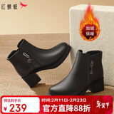 红蜻蜓粗跟女棉靴冬季粗跟时尚圆头高跟短靴棉鞋冬靴WJC44853 黑色 40