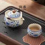 润养青花汝窑茶壶家用精致泡茶手抓壶一人饮茶具生日礼物送长辈伴手礼 【推荐款】【汝窑青花缠枝手抓壶+主人杯】