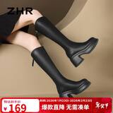 ZHR靴子女冬季韩版粗高跟长筒靴女加绒保暖骑士靴女 JF97A 黑色 37 