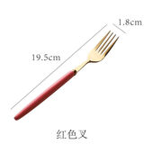 网红不锈钢刀叉勺三件套装家用祖母绿陶瓷柄西餐勺牛排刀餐具 热烈红金四支【餐叉】