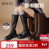 百思图【赵粤明星同款】都市朋克24冬商场骑士女长靴M5603DG4 黑色 38