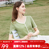 百图betu女装夏季新款T恤法式减龄蕾丝花边V领短袖T恤女2403T19 绿色 L