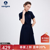 Navigare意大利小帆船短袖连衣裙女士夏季棉质斜领裙子时尚显瘦半袖a字裙 海军蓝 M 码
