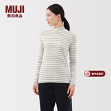 MUJI女式 起毛罗纹编织半高领长袖T恤上衣打底衫女款内搭春秋女装条纹 米白色条纹 M （160/84A）