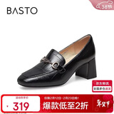 百思图春季商场同款时尚金属扣乐福鞋粗跟女单鞋KA103AA3 黑色 36