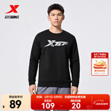 特步（XTEP）保暖卫衣男秋冬季运动服刺绣针织上衣男装休闲圆领加绒套头衫 正黑色-加绒款（0124） L