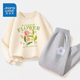 真维斯儿童套装圆领长袖薄款长裤男童女童秋季衣服中大童宽松运动服童装 【薄款套装】杏（面）灰（花） 110