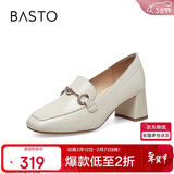 百思图春季商场同款时尚金属扣乐福鞋粗跟女单鞋KA103AA3 米白 37