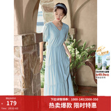 茵曼（INMAN）法式薄荷曼波连衣裙2024夏女装新品V领灯笼袖抽绳 绀蓝色 XL