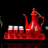 九楼阁 景德镇青花高温陶瓷仿古白酒酒壶酒杯酒具套装高脚杯酒具1壶10杯 红釉双喜 泡沫安全包装--不含托盘