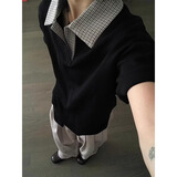 7家优品美式翻领千鸟格拼接polo衫男士新款夏季短袖t恤7Y16 黑色 XL