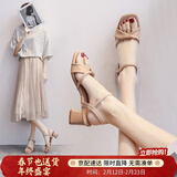 ZHR则则凉鞋女夏季新品仙女风粗跟一字带方头女鞋不规则交叉绊带高跟鞋子 杏色（纯色款） 39