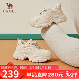 骆驼（CAMEL）老爹鞋女网布皮面拼接秋双系带厚底休闲鞋 L24S283079 杏色 37