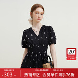 范思蓝恩23FS12642茶歇法式碎花连衣裙女夏季新款V领沙滩长裙 黑底白花 M