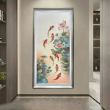 高档九鱼聚财图刺绣玄关装饰画苏绣正对入户门荷花挂画客厅走廊画 高档刺绣荷花九鱼图【现代轻奢画框】 高度160宽度80cm 纯实木立体高档画框装裱 刺绣工艺+钢化玻璃