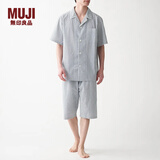 MUJI男式 无侧缝泡泡纱短袖睡衣男士家居服套装男款夏季纯棉全棉 藏青色条纹 M
