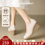 ZHR头层牛皮单鞋女厚底坡跟增高妈妈鞋通勤浅口女鞋 S182 米色 35 