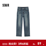 森马（Semir）森柔牛仔|牛仔裤女抓毛长裤女生冬季半松紧腰直筒裤美式休闲 牛仔中蓝88201 S