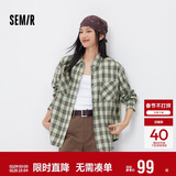 森马（Semir）长袖衬衫女春季中长款oversize翻领落肩格纹女生衬衣101125105007