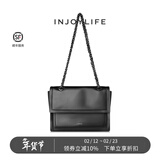 INJOYLIFE流浪包小众软皮通勤包机车大容量单肩包双链条女包牛皮方包 黑色