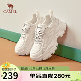 骆驼（CAMEL）老爹鞋女潮酷网布皮面拼接双系带厚底休闲鞋 L24S283079 米白 37