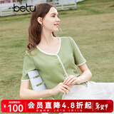 百图betu女装夏季新款T恤法式减龄蕾丝花边V领短袖T恤女2403T19 绿色 L