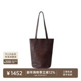 裘真情人节礼物慵懒遇水桶包女腋下单肩包复古通勤包头层植鞣牛皮包包 咖啡色-中号