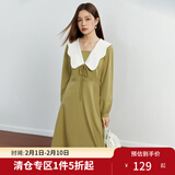 独束大码女装【双色长短款】赫本风裙子蝴蝶结娃娃领新款连衣裙秋 芥末黄绿-长款 L