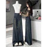 趣米乐美式潮流阔腿牛仔裤女春夏季新款大码胖mm高腰显瘦宽松垂感长裤子 深蓝色【常规款】 L