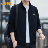 JEEP吉普卫衣男春秋季休闲开衫外套男士宽松立领衣服男装 黑色 XL