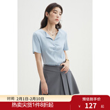 独束大码女装设计感简洁抽褶翻领短袖t恤女夏季新款微胖mm上衣潮 天空蓝 3XL (尺码：5)