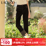 LAGOGO黑色高腰卷边牛仔裤女拉谷谷2024年春季新款修身直筒裤子 黑色(W1) S