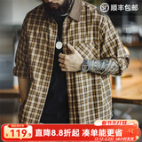 马登工装美式复古苏格兰格纹长袖衬衫灯芯绒拼接翻领格子衬衣男秋季 卡其格 XL
