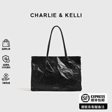 CHARLIE&KELLI CK品牌包包女包大容量褶皱托特包通勤单肩手提包女神节生日礼物 黑色【联系客服顺丰包邮】