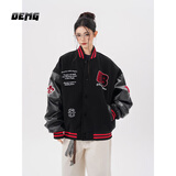 OEMG 美式撞色徽章刺绣棒球服女男pu皮拼接宽松百搭潮牌上衣夹克外套 黑色 【高品质】 M [建议85-105斤]