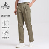 浪登休闲裤男纯棉双褶宽松微弹直筒夏季中青年商务休闲透气男裤 卡其绿 34 (2.62尺)