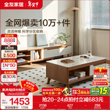 全友家居新中式实木脚抽屉式收纳客厅钢化玻璃茶几电视柜子组合家具 原橡色|茶几+电视柜新