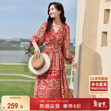 尚都比拉春秋中长款印花红色连衣裙气质女神范显瘦度假裙子 红花 L 