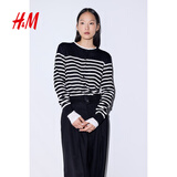 H&M女装毛针织衫春季慵懒风休闲打底衫短款开衫薄款外套0579541 黑色/白色条纹 S 160/88