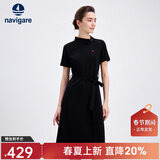 Navigare意大利小帆船短袖连衣裙女士夏季棉质斜领裙子时尚显瘦半袖a字裙 暗夜黑 L 码