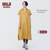 MUJI MUJI 女式 麻 水洗 开领半袖连衣裙 女装汉麻裙子夏季 BC2JLA4S 烟熏黄色 L 165/88A